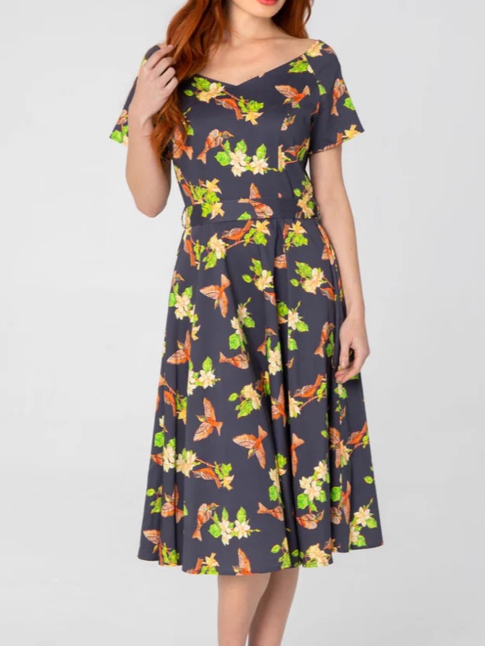 XL Miss Lulo "Bella" dress robin and floral print vintage style